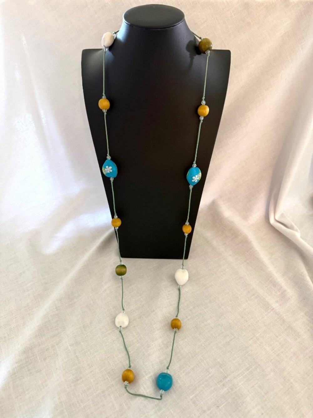 Long Beaded Necklace 50 Inch Blue Wood Wrap Boho Coastal